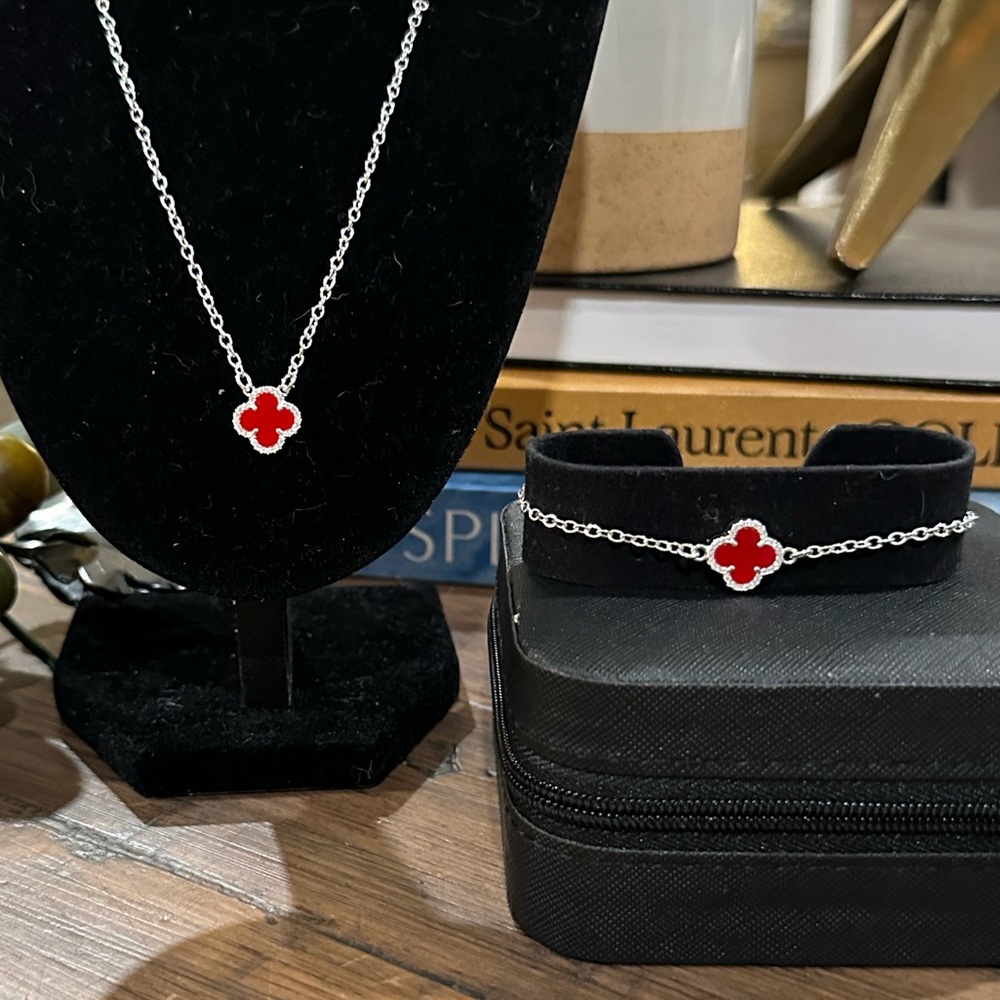 ♥️ Red Clover 925 Sterling Silver Necklace and Bracelet Set with Pavé Accents